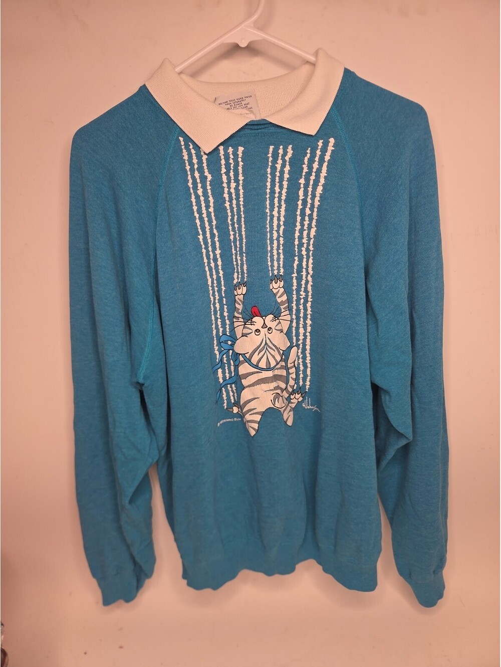 VINTAGE Morning Sun Womens Sweater Size XL Blue Kitten Scratch Cat Grandma